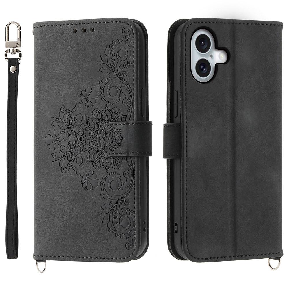 

For iPhone 16 Plus Leather Case Multiple Card Slots Phone Cover with 2 Straps Black