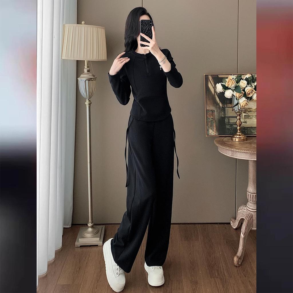 Women's Autumn Casual Sports Set: Slimming Black Long Sleeve Top & Wide Leg Pants