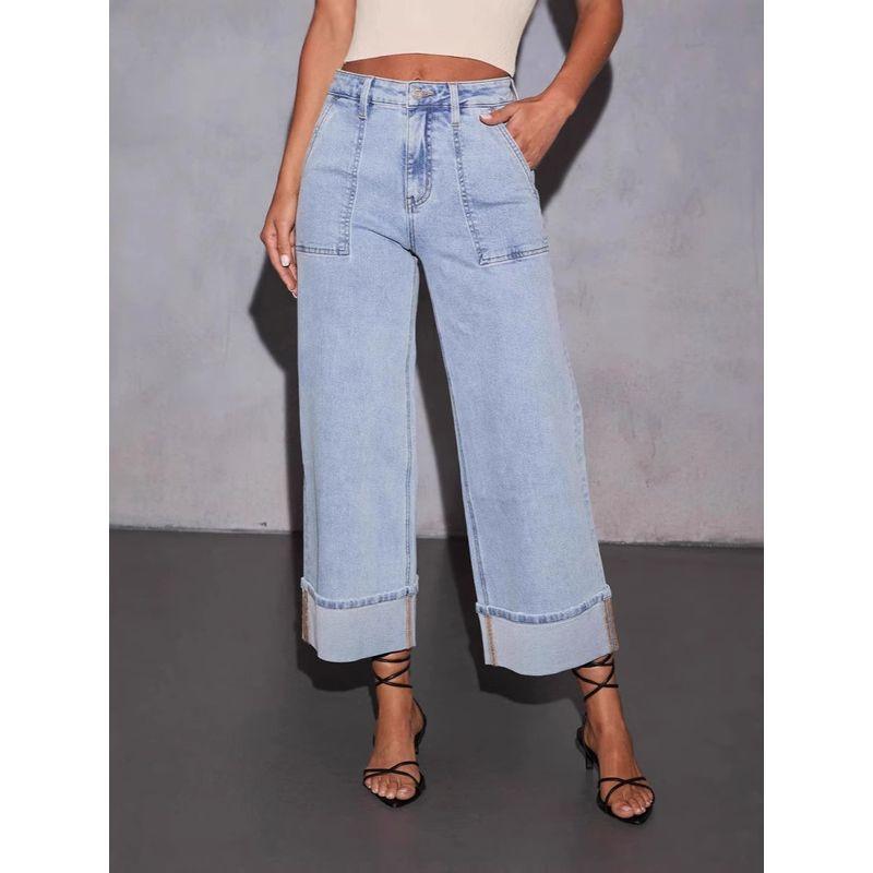 New Elastic Trousers Washed High Waist Jeans Fashion Casual Trendy All-Match Wide Leg Jeans Women