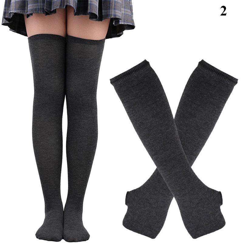 Y2K Women Girls Over Knee Long Stripe Printed Thigh High Cotton Socks Arm Sleeve Gloves 1 Set Overknee Socks Long Gloves 2024