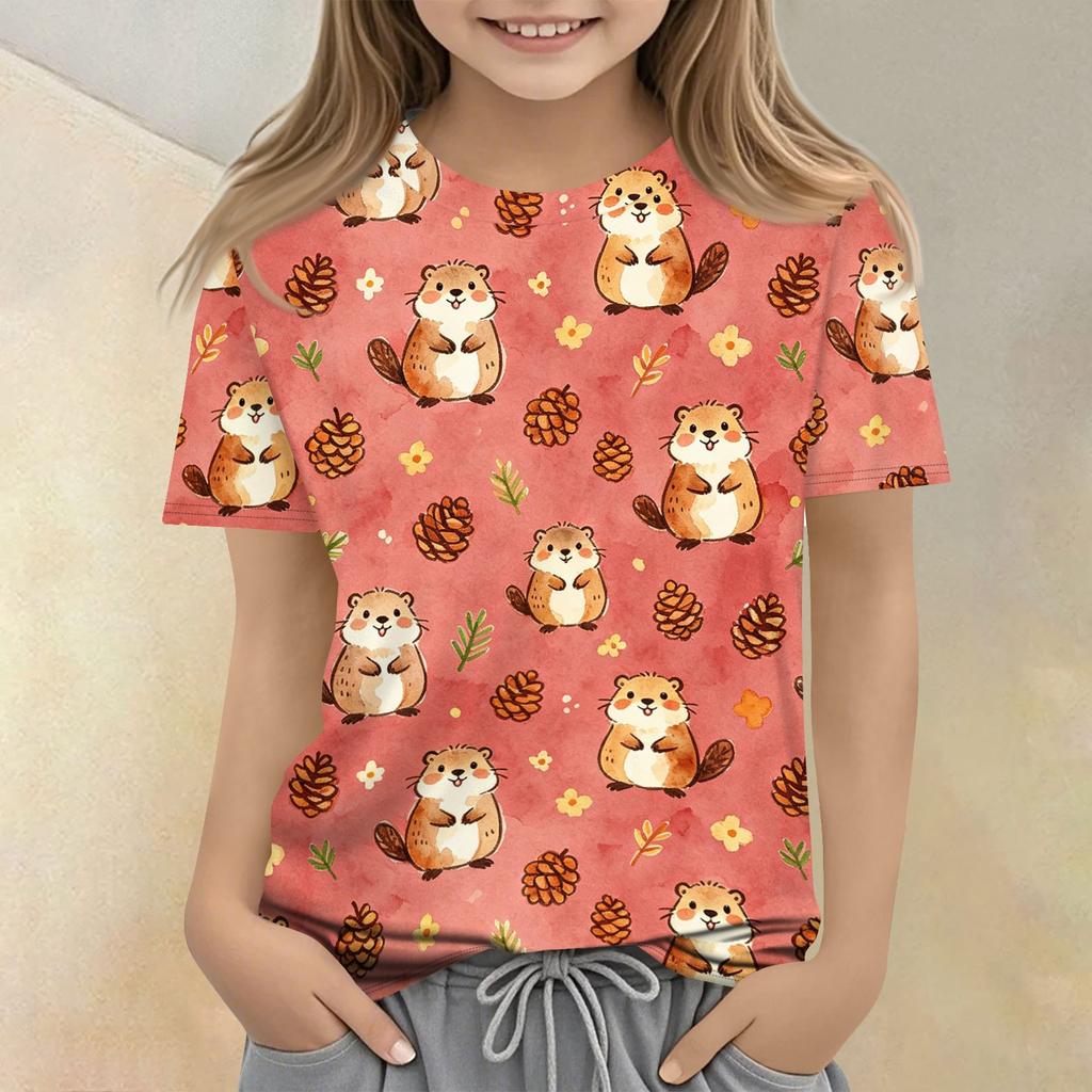 Children's Animal Print Crew Neck Short Sleeve Casual Loose Fit T Shirt Top for Kids Soft Comfortable Fabric Suitable for Everyday Wear