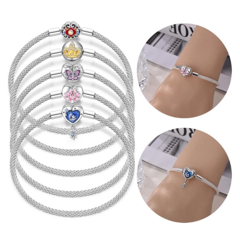 925 Silver Bracelet with Star Moon Four Leaf Clover Heart Charms DIY Jewelry Making CZ Chain For Women