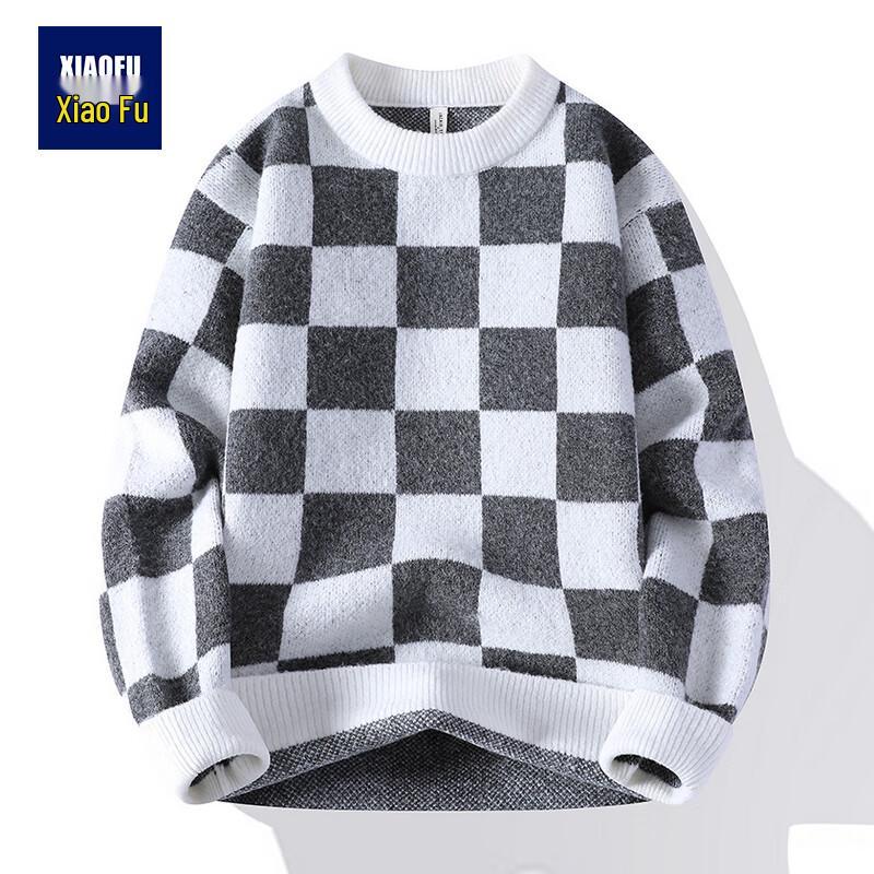 Men s Checkered Knit Round Neck Sweater L