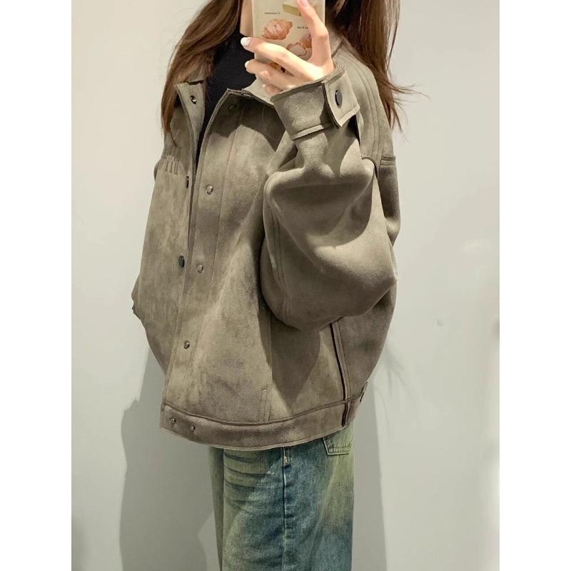 Vintage American Short Suede Jacket Women Loose Fit Casual  Fall Coat Lazy Style