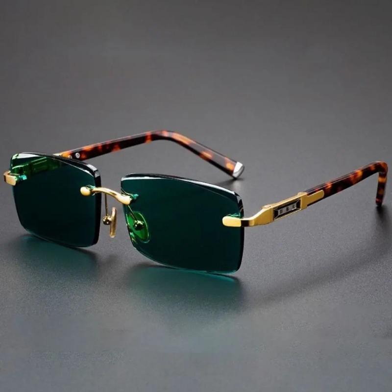 Retro Frameless Men'S Driving Sunglasses Green Crystal Stone Cycling Goggles Leopard Print Outdoor Sun Glasses Uv400 Eyewear