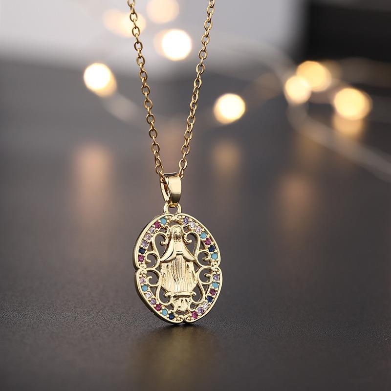 European and American Fashion Micro inlaid Color Zircon Pendant Women's Jewelry Virgin Mary Necklace
