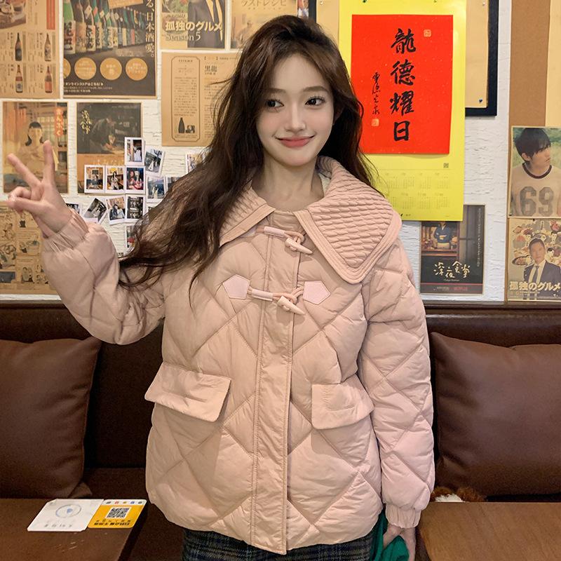 

Autumn and Winter Fashion Ox Horn Button Lady Down Cotton Jacket for Women Korean Style Short Lapel Cotton Jacket Short Jacket M рожевий