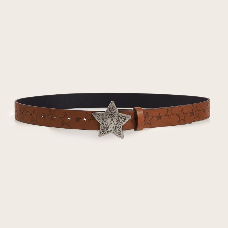 European American Style Edgy Everyday Brown Textured Snap-Closure Belt Fashionable Star Print Pattern Unisex Leather Belt