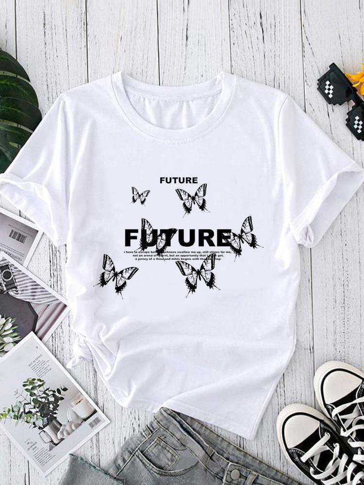 (Asian Size) Love Letter Style Short Sleeve T-shirts Women's Top Print O-neck  Fashion Female Casual T Clothing Graphic Tee
