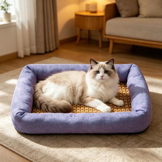 Summer Pet Cooling Bed Woven Cooling Mat Cat Bed Breathable Cooling Dog Bed with Raised Edges Anti-Slip Bottom for Small Dogs Cats