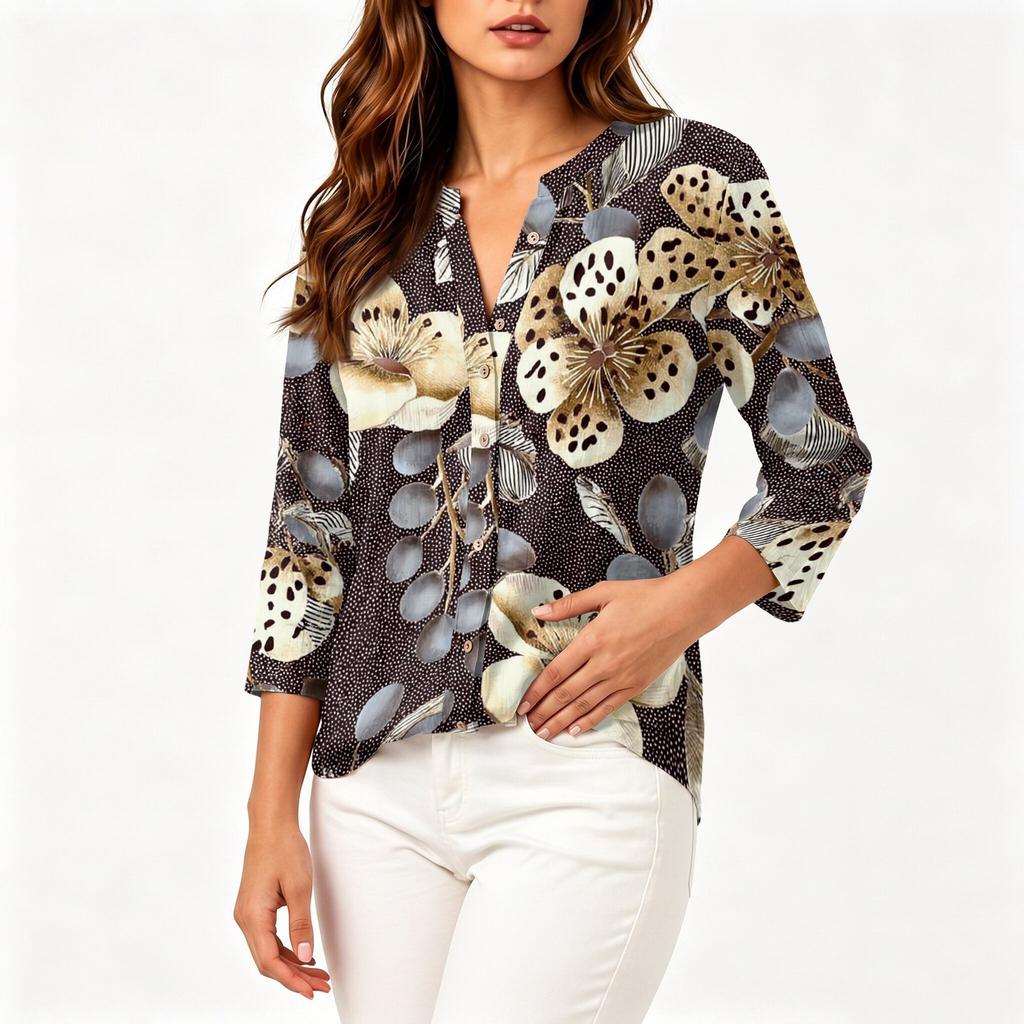 Women Vintage Floral Print Henley Collar Button Down Shirt Three Quarter Sleeve Linen Cotton Blouse Casual Loose Fit Top