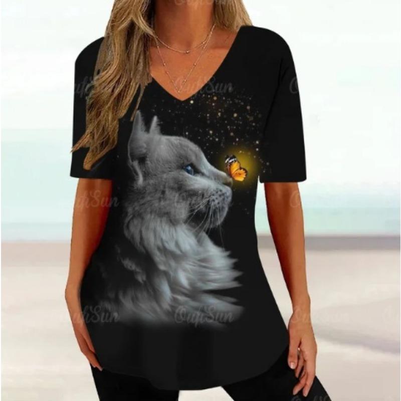 Summer V-neck 3D Cartoon Cat Printed Top Fashionable Casual Short Sleeved Women's T-shirts