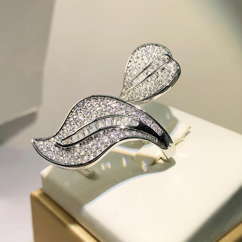 Silver Exaggerated Micro-set Zircon Ring Temperament Large Willow Leaf Full Diamond Ring Female Party Wedding Jewelry Gift