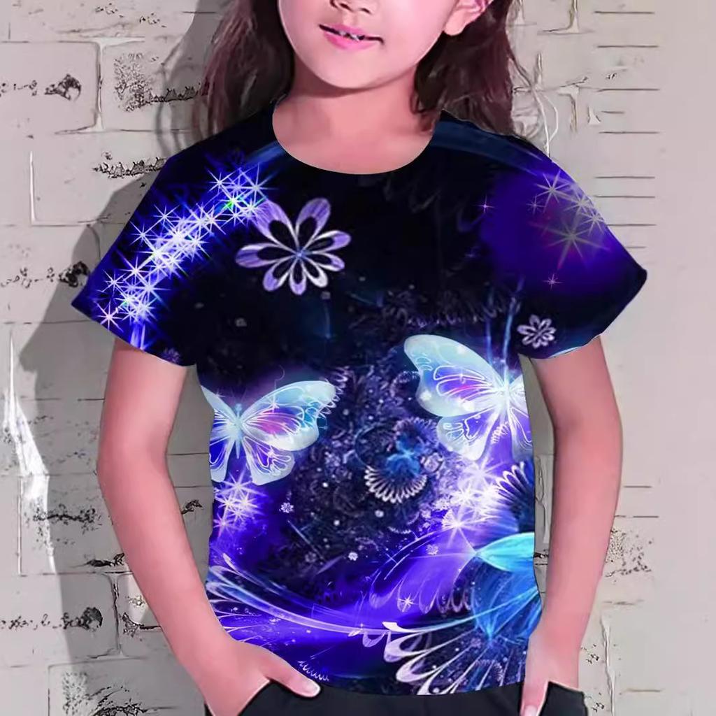 Summer Round Neck 3D Butterfly Pattern Printed Top Fashionable Casual Short Sleeved Children's Girl T-shirts