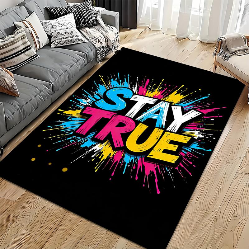 Colorful "Stay True" Graffiti Art Carpet, Black Background, Modern Style Suitable for Use As an Anti-slip for Living Room Bedroom Sofas