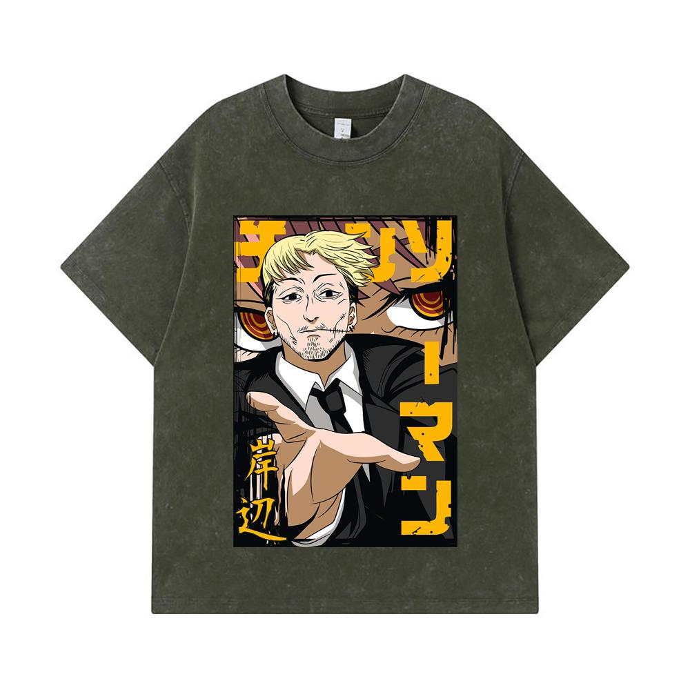 275 GSM Washed T-shirts 100% Cotton Chainsaw Man V25 Kishibe Print Unisex Heavy Cotton T Shirt