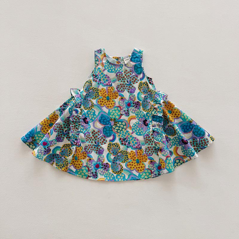 Sweet Floral Girls Summer Dress Sleeveless Ruffle Hem Vacation Princess Party Dress For Kids 90cm синий