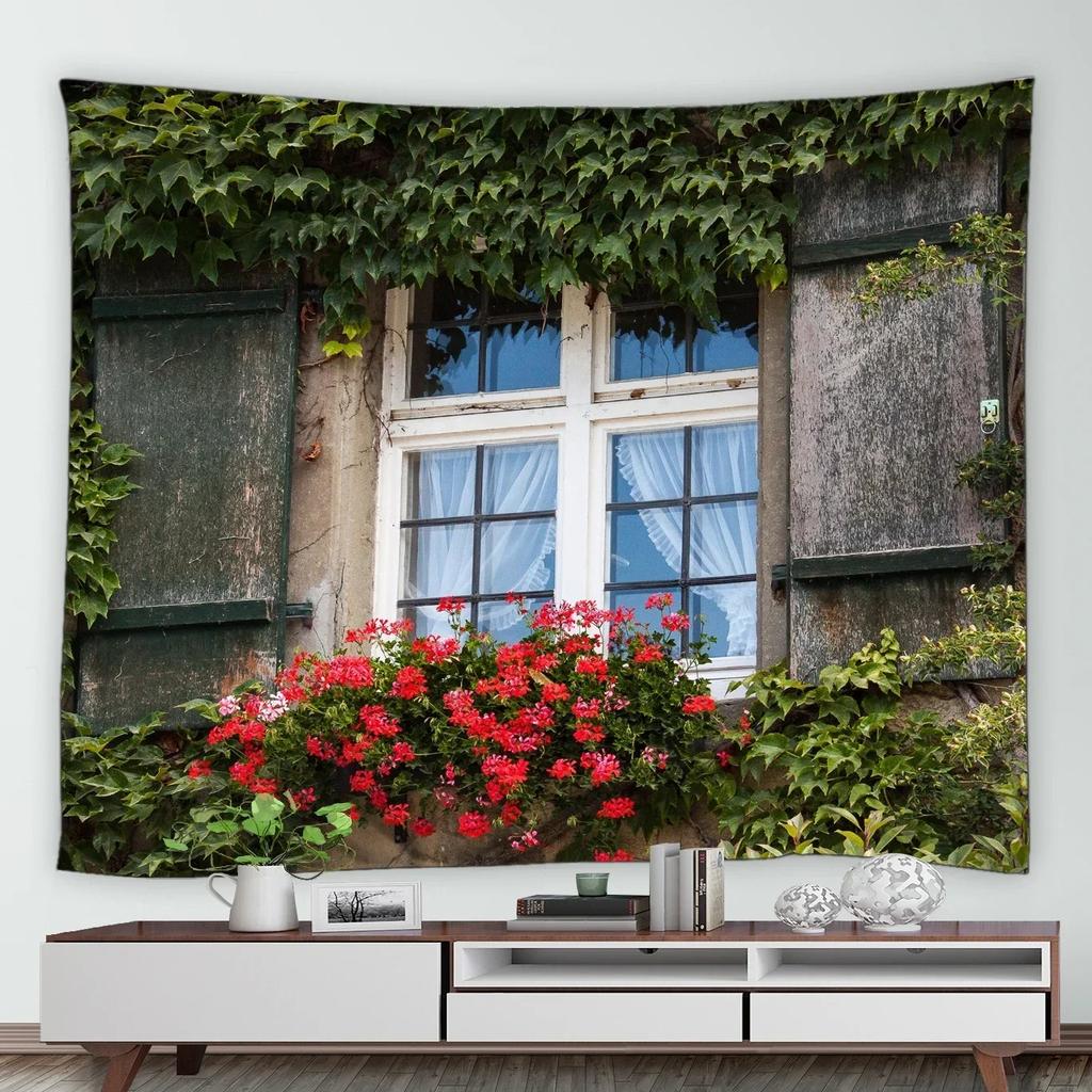 Home Decor Wall Hanging Tropical Garden Landscape Tapestry Waterfall Flower Tree Vintage Brick Vine Plant Park Natural Scenery