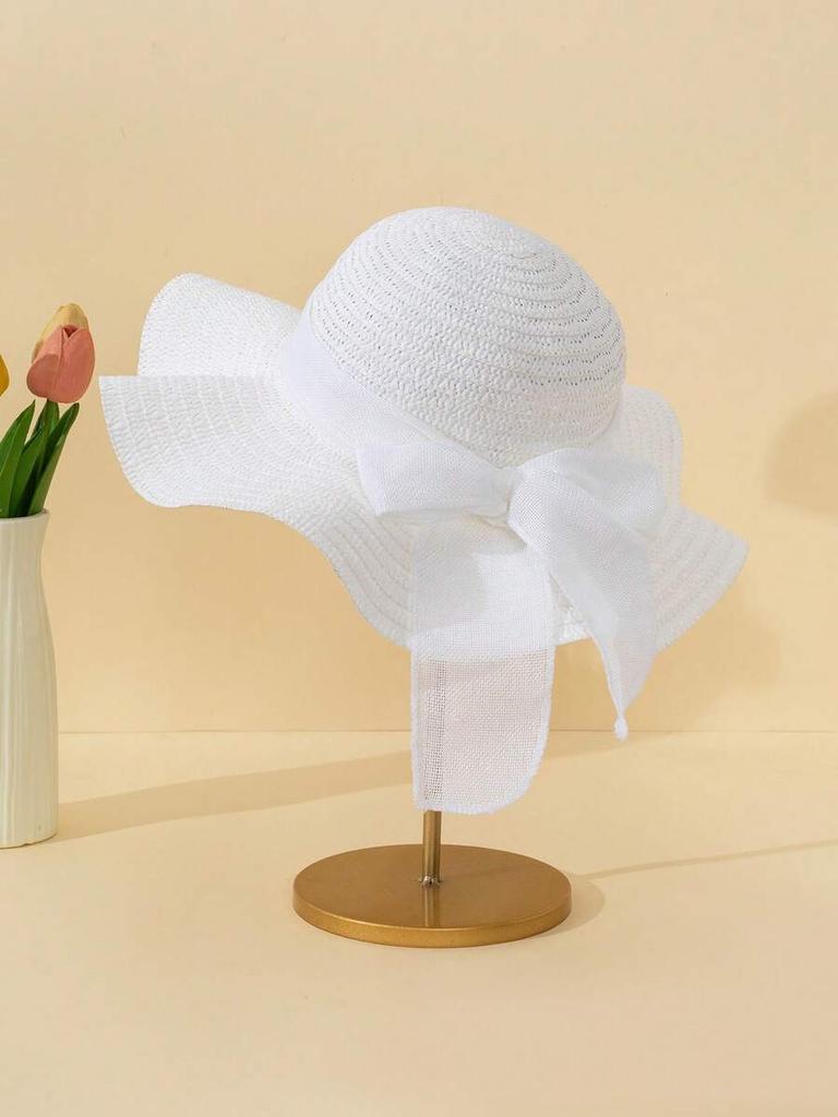 Women Summer White Straw Sun Hat With Polka Dot Bow Beach Travel UV Protection