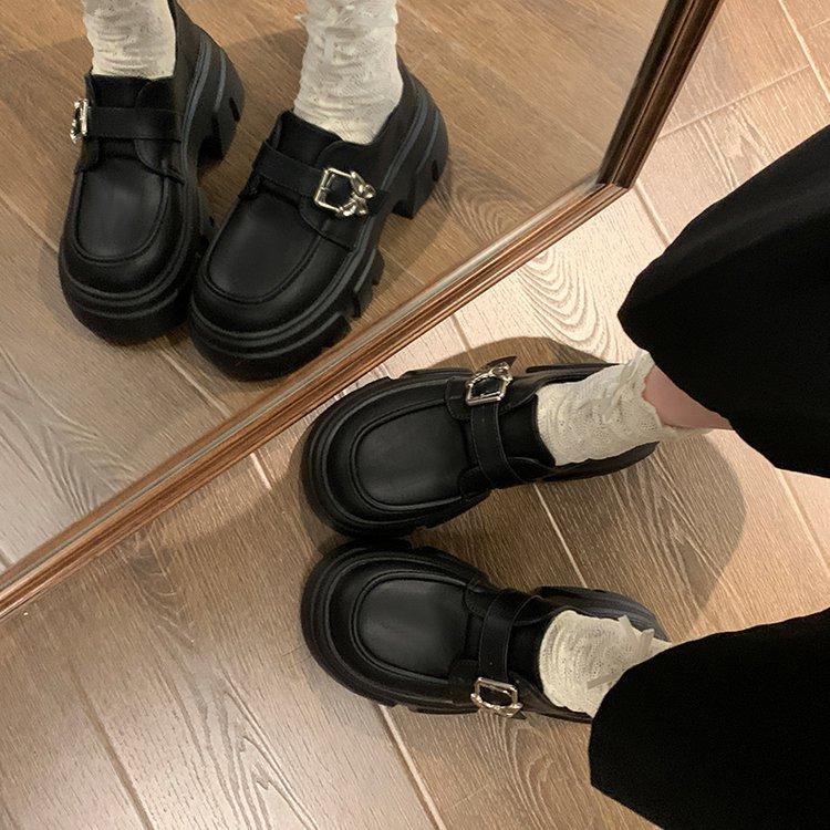 Thick-soled Black Small Leather Shoes Women's 2025 New Spring and Autumn British Style Thick Heel Heightened Round Head Japanese Jk Loafer Single Sh