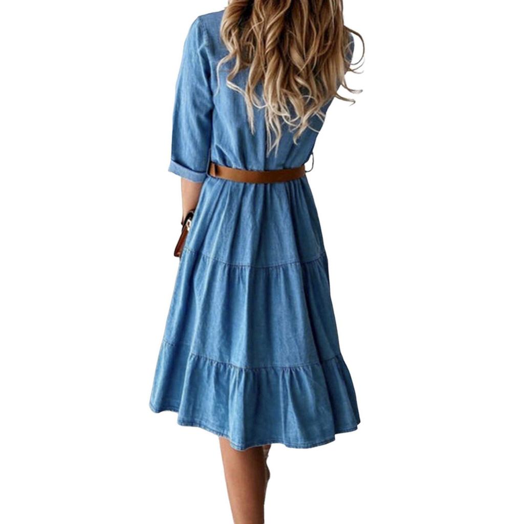 Women's Button Front Denim Shirt Dress Casual Long Sleeve Collar Dress Lightweight Tiered Hem Dress without Belt