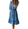 Women's Button Front Denim Shirt Dress Casual Long Sleeve Collar Dress Lightweight Tiered Hem Dress without Belt