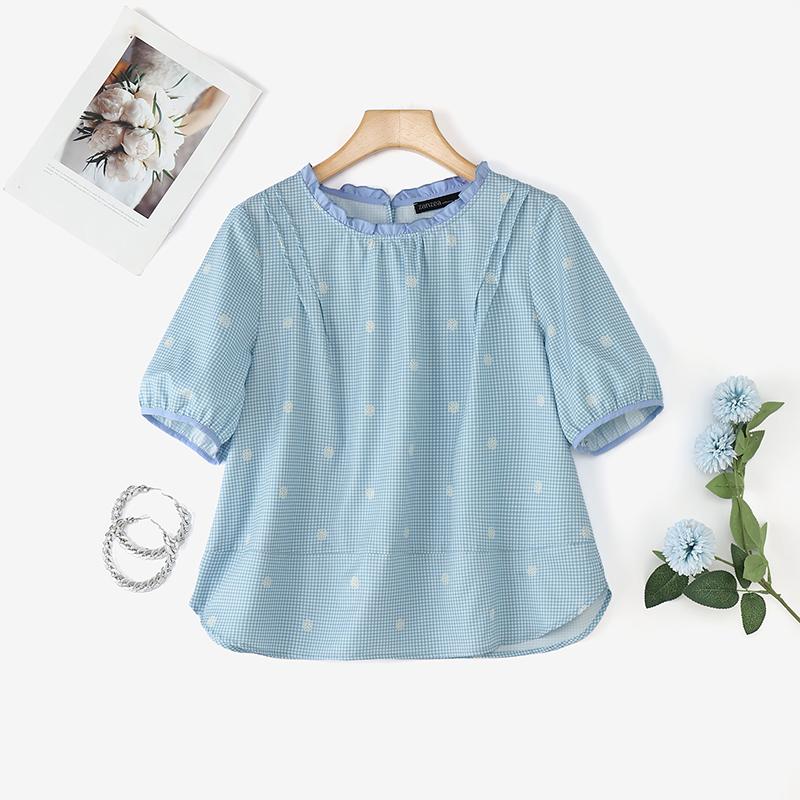 ZANZEA Women Summer Grid Print Casual Round Neck Short Sleeve Blouse
