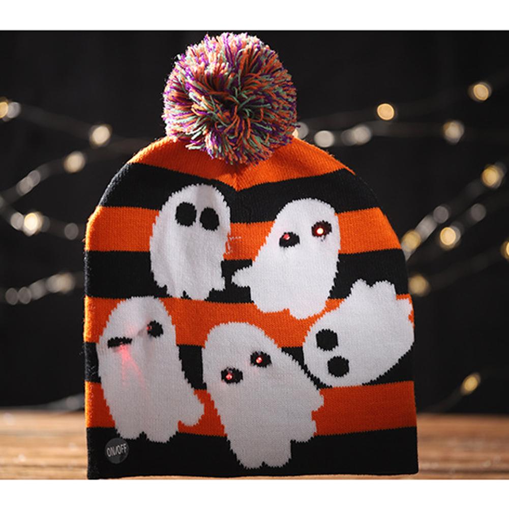 Halloween Pumpkin Ghost Knit Hat with Light Stretchable Unisex Adults Kids Children