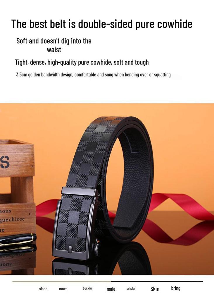 Men's Leather Belt, Genuine Leather, Automatic Buckle, Plaid Pattern