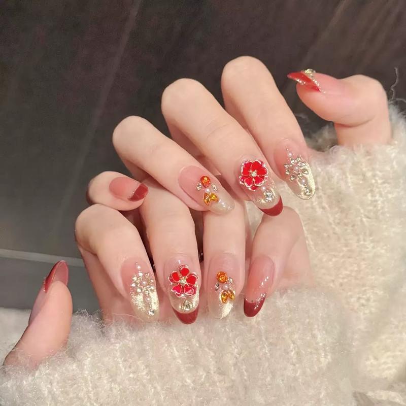 Gilded Koi: Red Rhinestone Champagne Cat Eye Sparkle Handmade Wearable Nails for New Year Large L