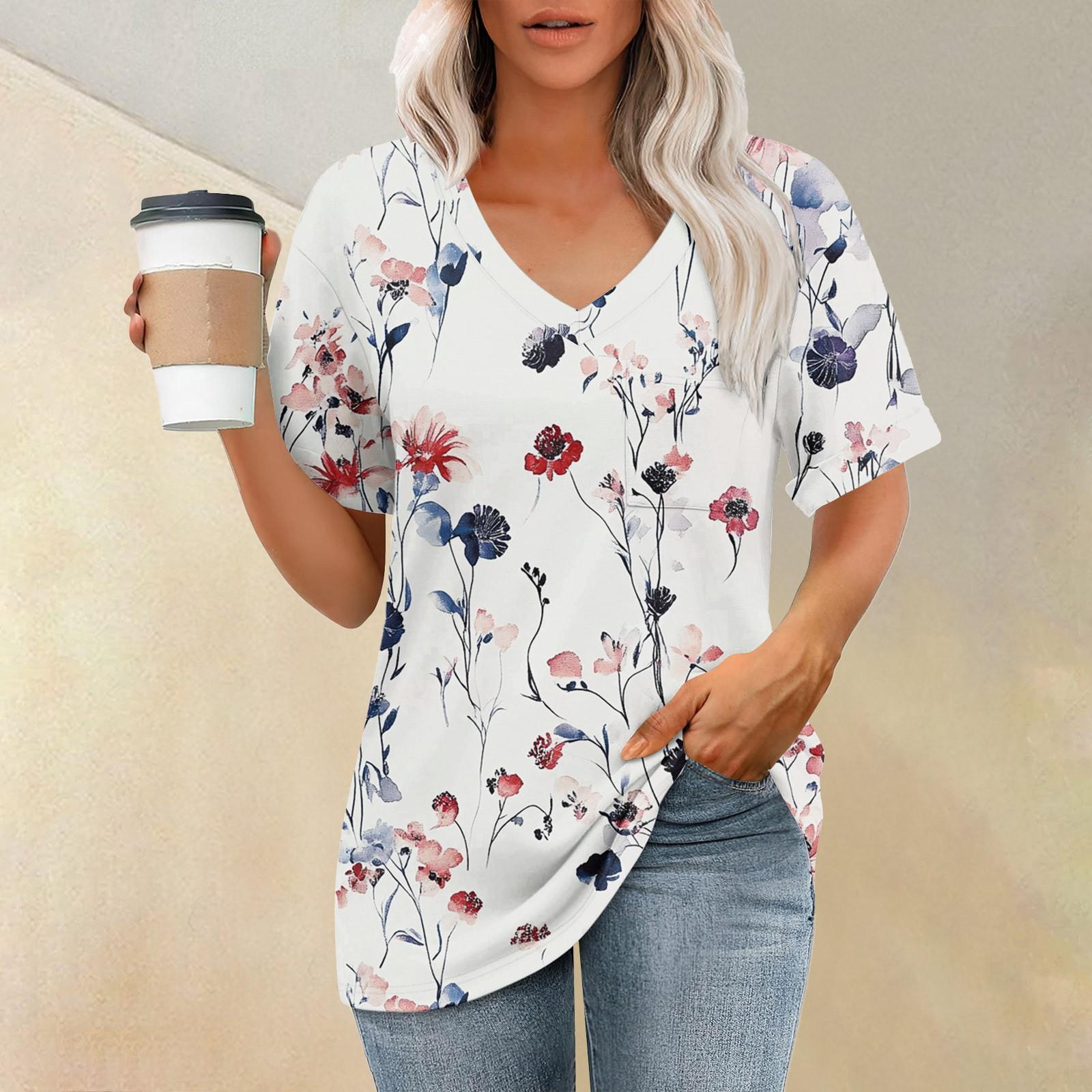 

Женская модная футболка с коротким рукавом и V-образным вырезом с карманом и цветочным принтом XXL