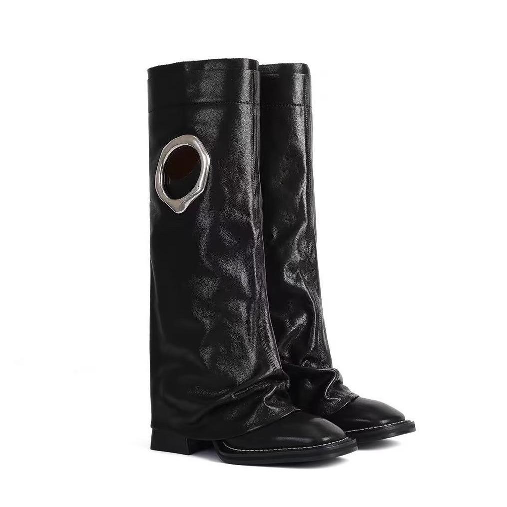 

Meng Ziyi s same retro square-headed western cowboy boots versatile thick-heeled trouser tube boots niche design thin boots 40 чёрный