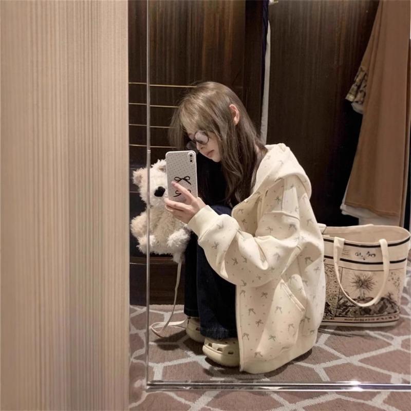 

Осень Зима Свободный Повседневный Кардиган с Принтом Толстовки Женские Стиль Преппи Всепогодная Куртка на Молнии Верхняя Одежда M абрикосовый