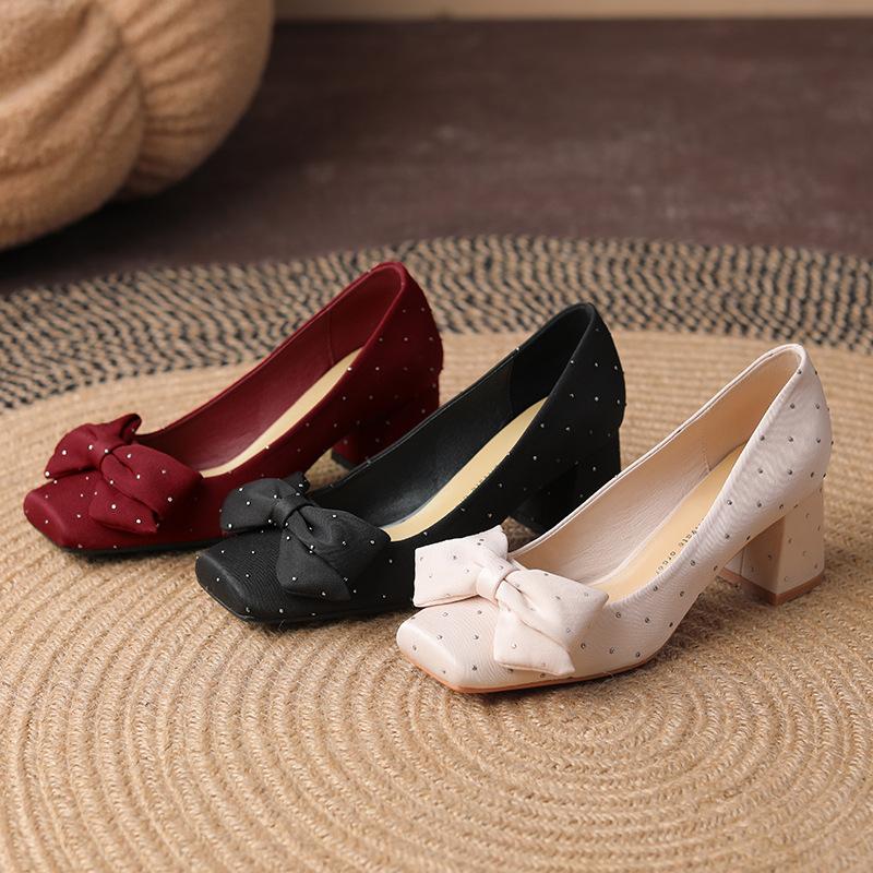 Original design silk diamond bow square head high heels women's thick heel single shoes burgundy spring and autumn