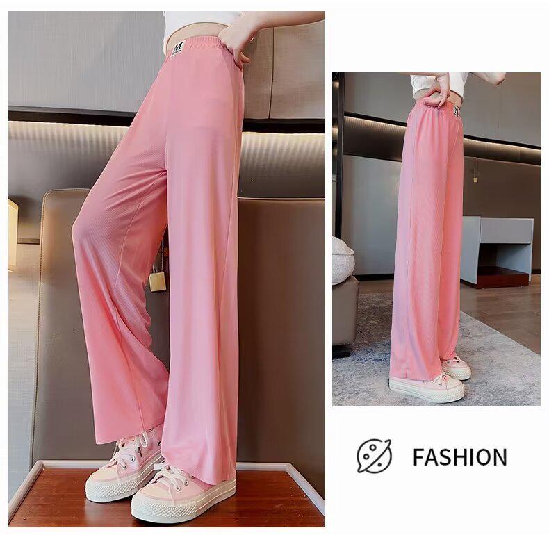 2024 Girls' Summer Ice Silk Straight-Leg Pants - Thin, Loose, Long-Leg Design for Big Kids