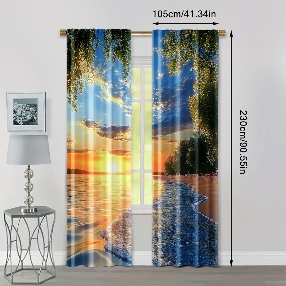 2pcs, Window Curtains Beach Sunrise Sunset Natural Scenery Versatile Polyester Fabric,Without Electricity Family Party Perfect