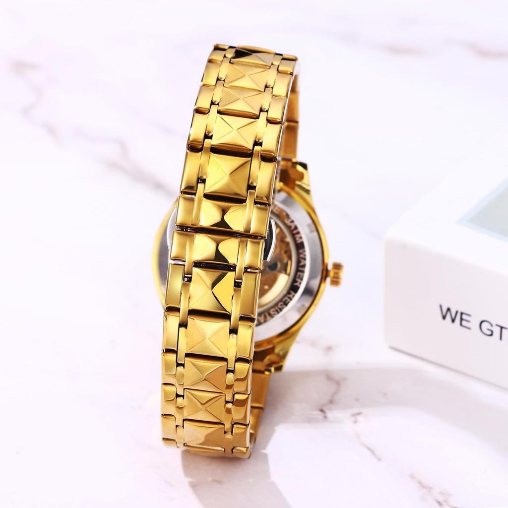 Men's Automatic Skeleton Watch, 3ATM Water Resistant: Luminous, Analog, Stainless Steel, Gold, Simple, Stylish, Casual, Business, Men's Fashion