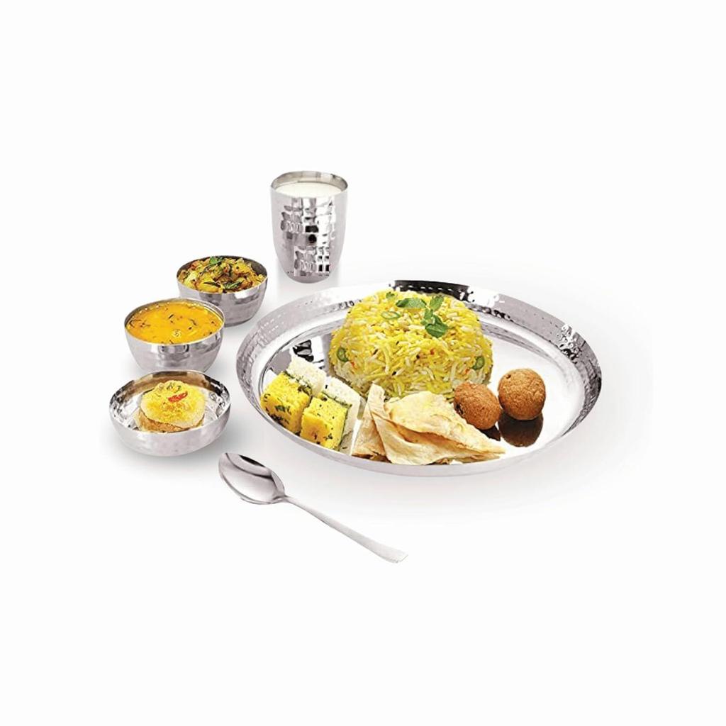 Heavy Gauge Stainless Steel Dinner Set | Hand Hammered Steel Thali Set | Stainless Steel Dinner Set for Kitchen | Thali Set for Dinner