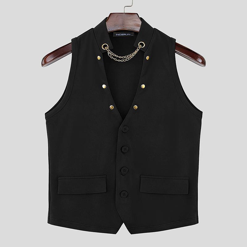 INCERUN Men Chain V Neck Sleeveless Buttons Fitted Casual Tank Tops Thin Waistcoat L чёрный