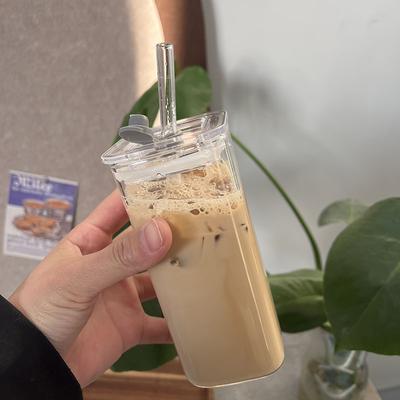 Żaroodporny Szklany Kubek do Kawy z Pokrywką i Słomką Kwadratowe Przezroczyste Kubki na Herbatę Mleczną Sok Kubek do Kawy do Domu Baru Naczynia do Napojów