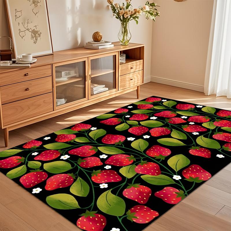 Cute Strawberry Floral Black Area Rug Non Slip Soft Floor Carpet for Living Room Bedroom Kids Room Playful Fruit Decor