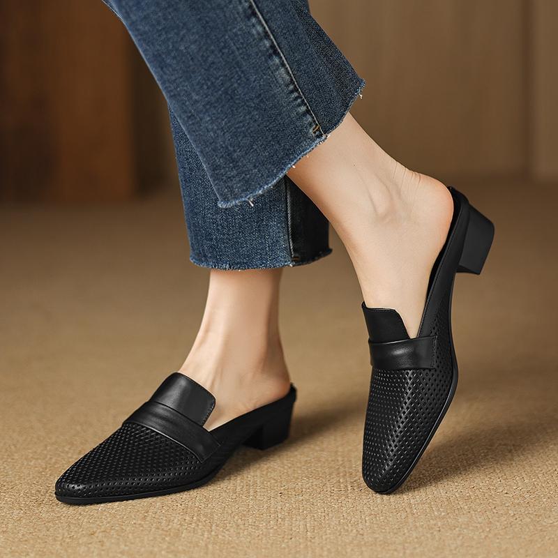 Fashion Women's New Summer Genuine Leather Sheepskin Breathable Hole Round Head, Mid Heel, Large Toe, M Ü Ller Slippers