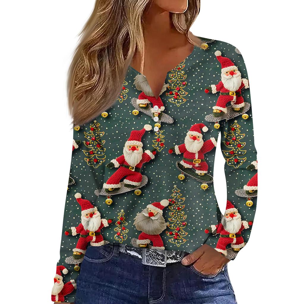 Women's Fashion Casual V-Neck Button-Up Long-Sleeve T-Shirt With Christmas Print Top