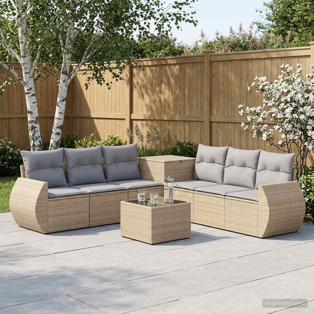 Sofa Set 8 pcs Beige and Light Grey Poly Rattan and Steel