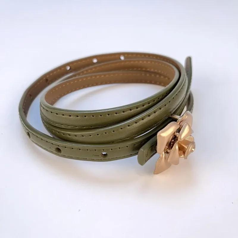 1.0cm New Unique Rose Genuine Leather Gold Belt Women Fashion Cowskin Flower Thin Belts Female Jeans Dress Waistband