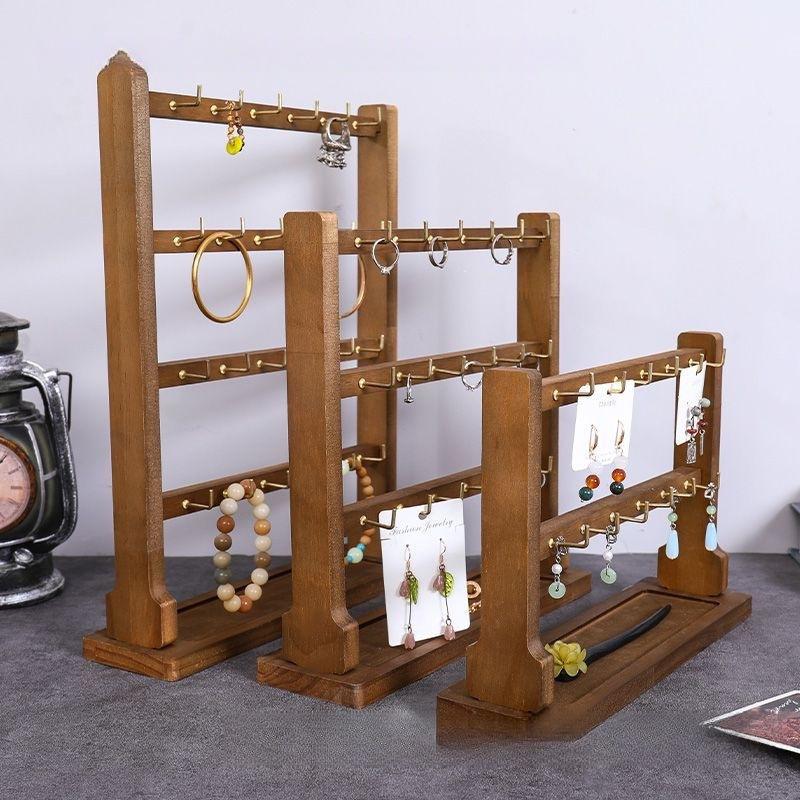 Wooden Jewelry Display Stand: Earring, Keychain, Bracelet Holder with Hooks and Bead String Storage