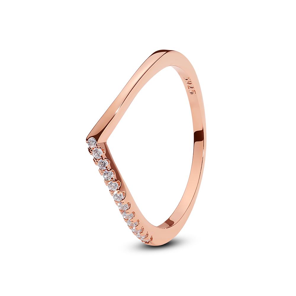 Original 925 Sterling Copper Ring Wishbone Love Heart Crystal Rose Gold Rings For Women Wedding Engagement Birthday Gift Zircon