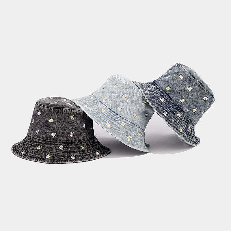 Fashion Girl Y2K Floral Embroidered Denim Bucket Hat Korean Style Foldable Sun Panama Hat for Women Summer Outdoor Casual Cap