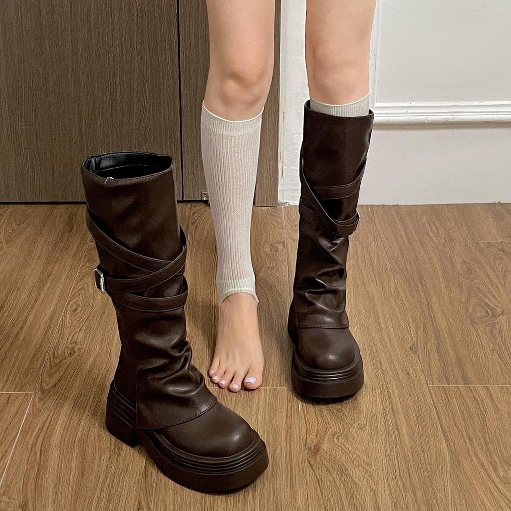 Black retro small thick-soled thick-heeled boots children's boots 2025 new autumn height-increasing and thin knight boots