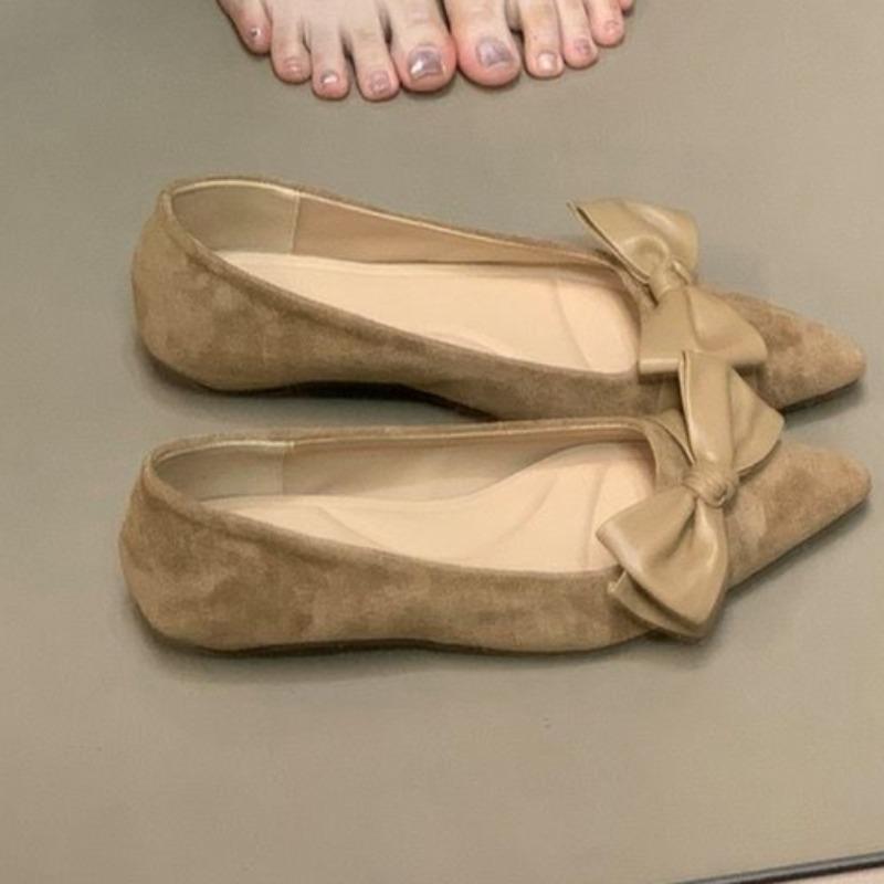 Fashion Low Heeled Single Shoes Autumn New Pointed Toe Suede Bow Soft Sole Soft Side Non-Slip Low Top Shoes